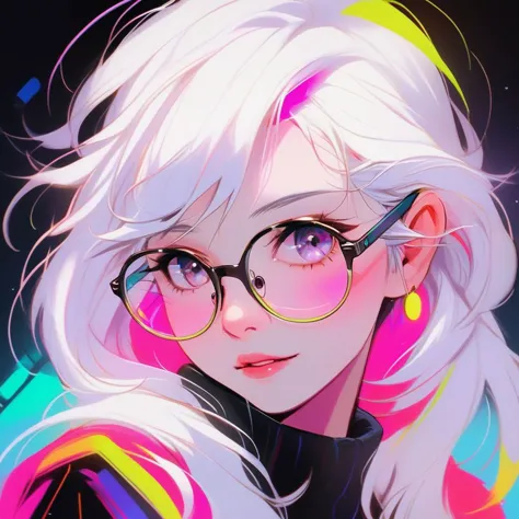 a close up of a person with glasses and a pink hair