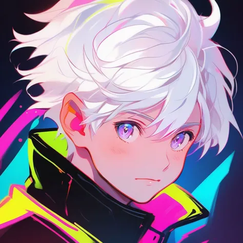 a close up of a person with white hair and a neon jacket