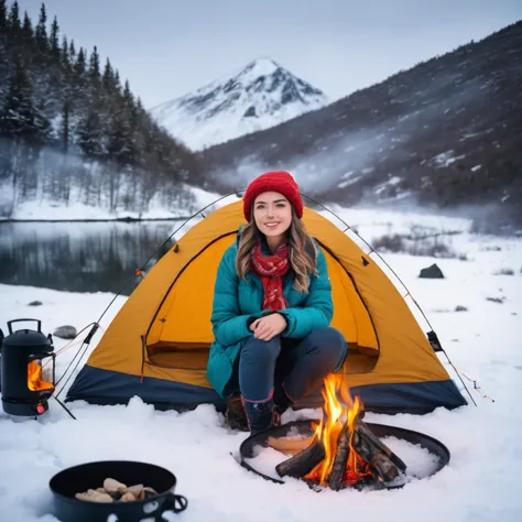 girl in late twenties, camping, snowy background