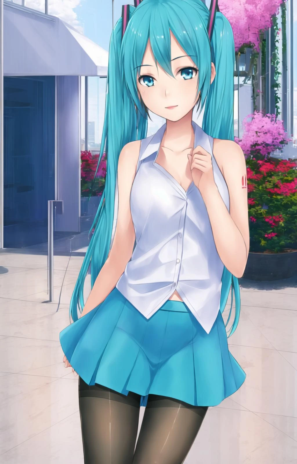 A close up of a person with blue hair and a skirt - SeaArt AI