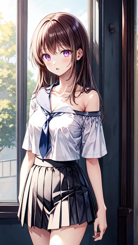 anime girl in a short skirt and tie standing in front of a window