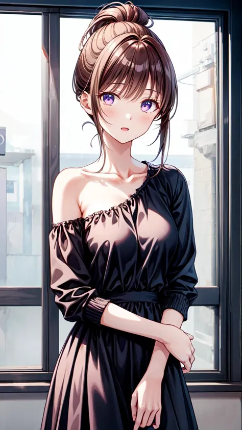 anime girl in black dress standing by window with blue eyes