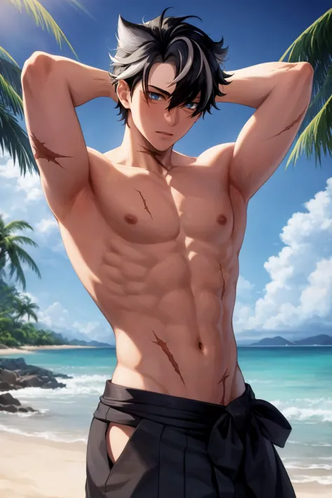 masterpiece, best quality, 1boy, wriothesley, black hair, multicolored hair, short hair, blue eyes,  topless male, hakama, scar, hand behind head, sea, sand, tropical island background <lora:Wriothesley:1>