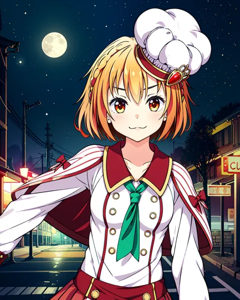 anime girl in uniform standing on street at night with full moon