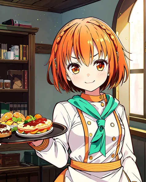 anime girl holding a tray of food in a kitchen