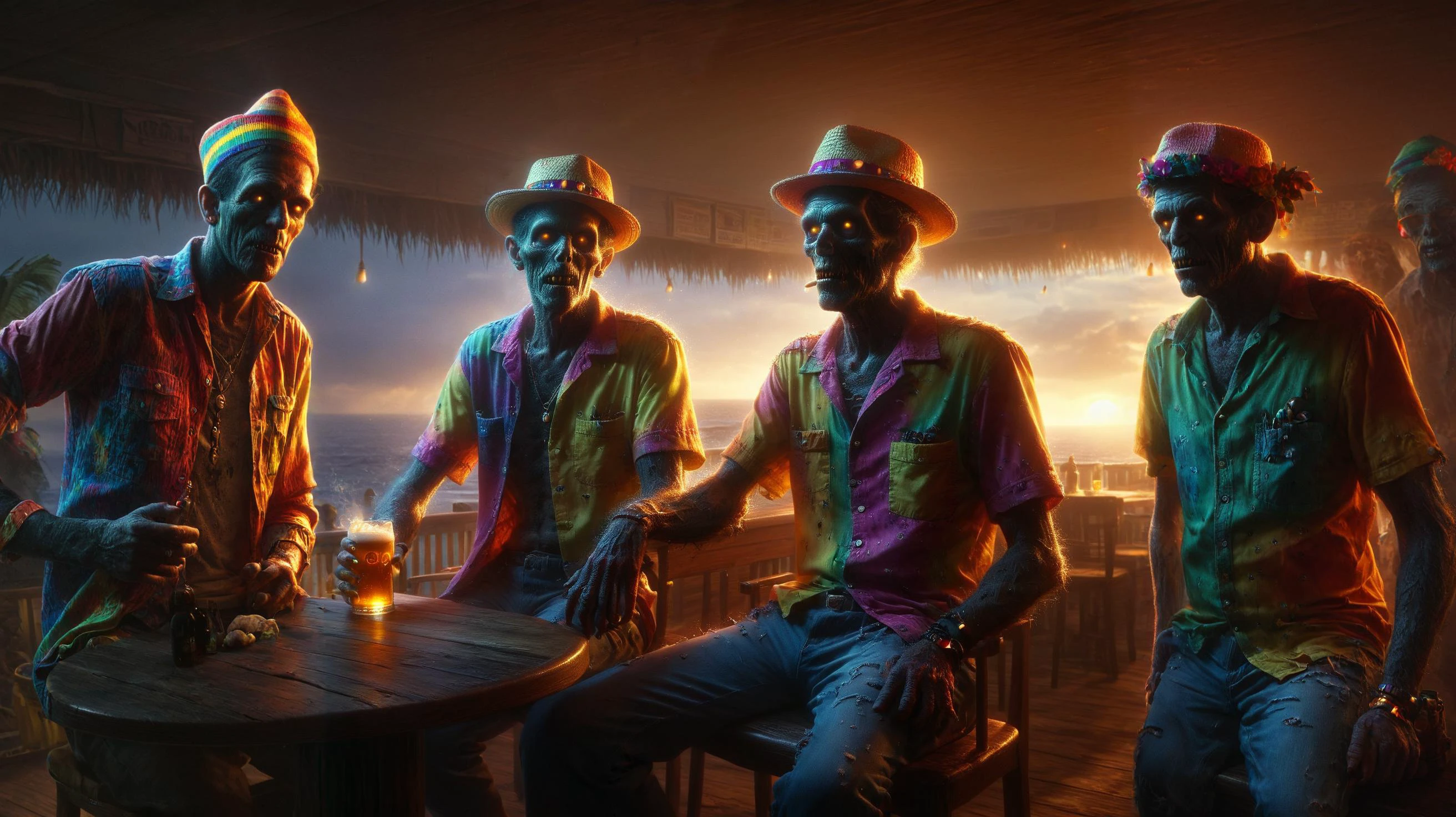 Ultrarealistische 8K-CG, Meisterwerk, professionelle Kunstwerke, dramatische Beleuchtung,  Gemälde von zwei (Zombies) trägt einen regenbogenfarbenen Hut und ein Hawaiihemd, dunkel, Chiaroscuro, zurückhaltend, mit der Embr, Sitzen in einer sonnigen Strandbar, Bier trinken, glänzende goldene Armbanduhr