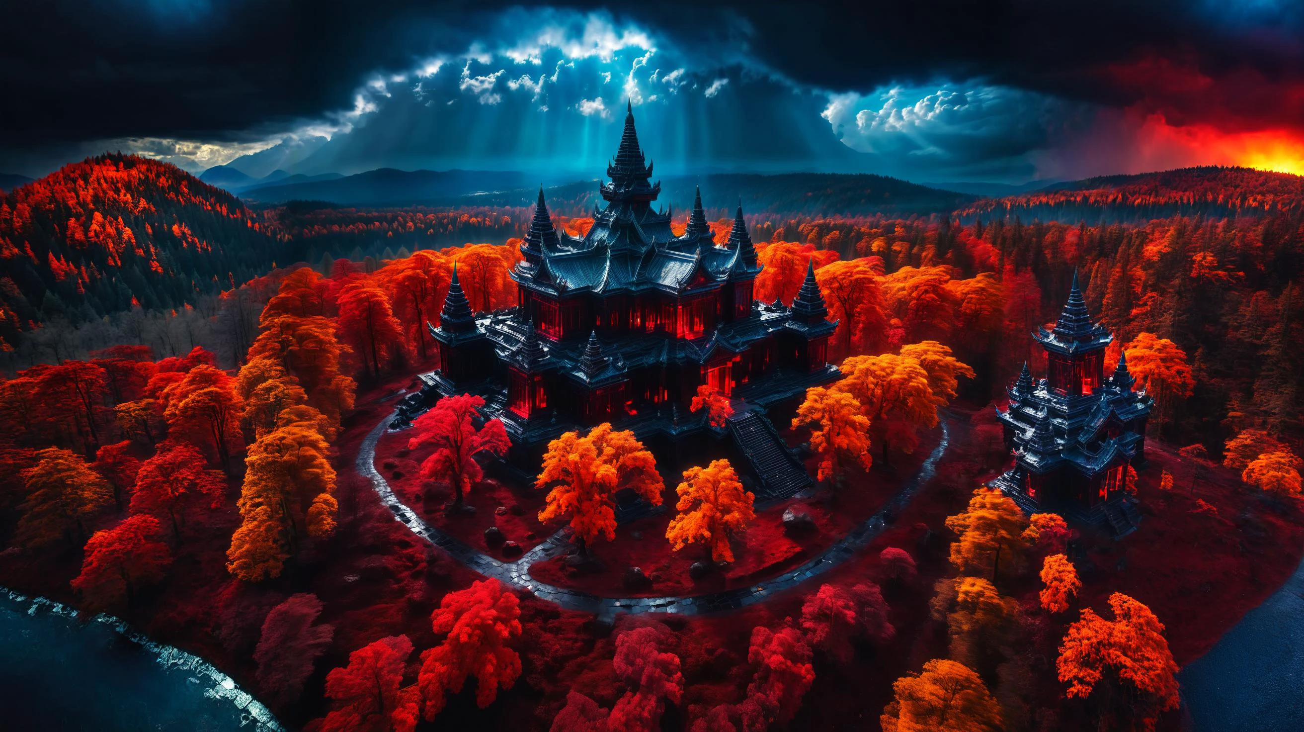 古老的黑色寺庙被红光闪烁的森林包围, 地面由色彩鲜艳的反光玻璃制成, 轻微多云, 戈德雷, 航拍照片, 宽视野, 戏剧性的灯光黑暗