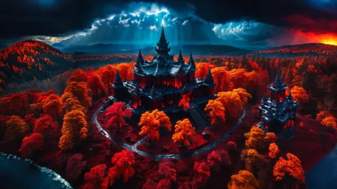 ancient black temple surrounded by glowing red forest, ground is made of very colorful reflective glass, mildly cloudy, godrays,...
