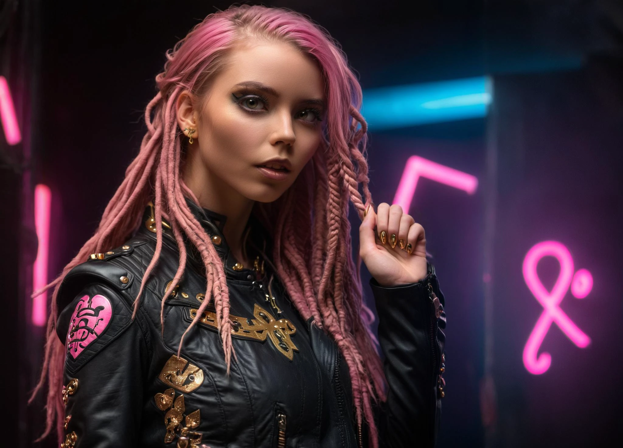 (gothic girl with long pink dreadlocks with golden embellishments, piercings, tattoos, black leather jacket, seductive eyes, seductive look, (looking at viewer:1.5), close-up, from below), reaching for viewer,  dark, chiaroscuro, low-key, in a neon rave ,  ohwx woman, ohwx