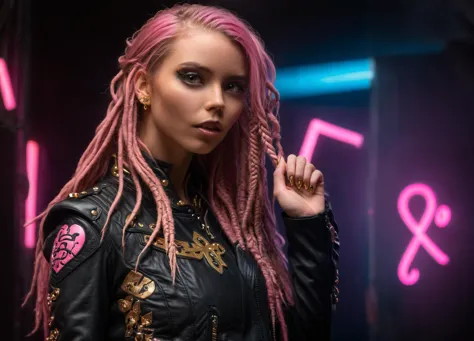 (gothic girl with long pink dreadlocks with golden embellishments, piercings, tattoos, black leather jacket, seductive eyes, seductive look, (looking at viewer:1.5), close-up, from below), reaching for viewer,  <lora:SDXLFaeTastic2400:0.3> <lora:zavy-cntrst-sdxl:0.3> dark, chiaroscuro, low-key, in a neon rave party,  <lora:anya_lora_sdxl_v1:1> ohwx woman, ohwx