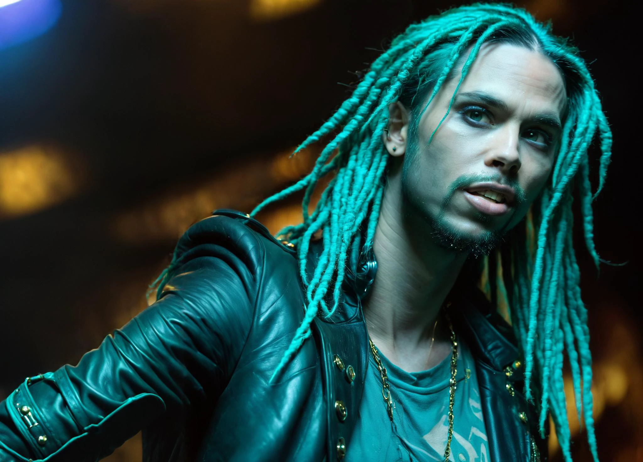 (gothic man with long teal dreadlocks with golden embellishments, short teal beard, piercings, tattoos, black leather jacket, biting lip, seductive eyes, seductive look, (looking at viewer:1.5), close-up, from below), reaching for viewer,  ohwx, ohwx man, dark, chiaroscuro, low-key, in a neon rave 