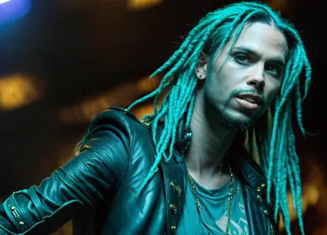 (gothic man with long teal dreadlocks with golden embellishments, short teal beard, piercings, tattoos, black leather jacket, bi...