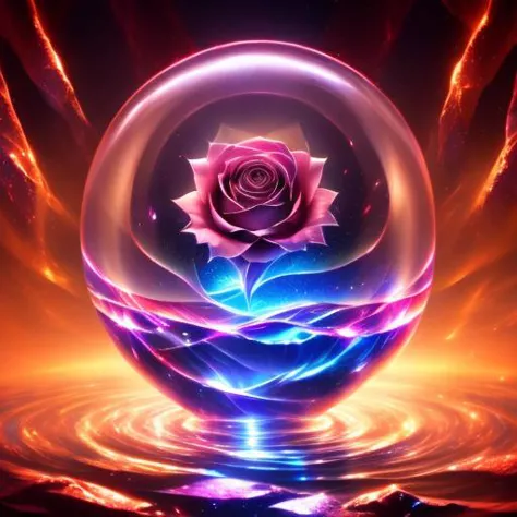 a rose in a crystal ball with a reflection on the water