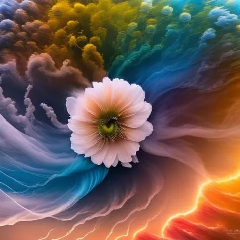 a close up of a flower in a colorful swirl of clouds