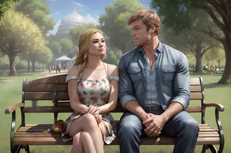 realistic photo of (yv0nn3) with beautiful blonde hair and (beautiful eyes) wearing a (sundress) sitting on a bench in the park ...