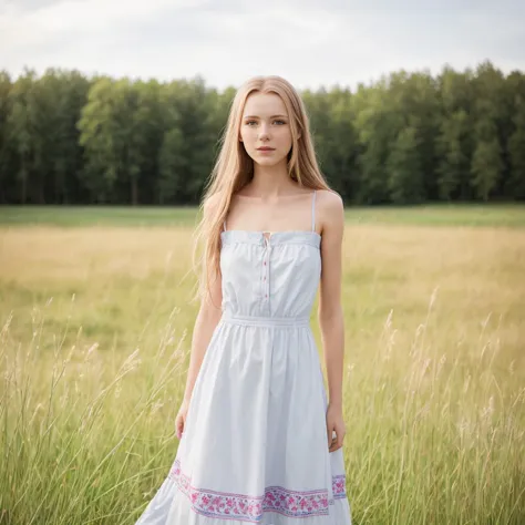 professional photography of a nordic girl wearing an ukrainian dress standing on the grass, bare shoulders, playfull, erotic, sk...