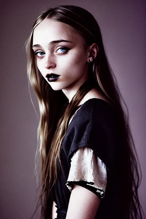 a close up of a woman with long hair and a black lip