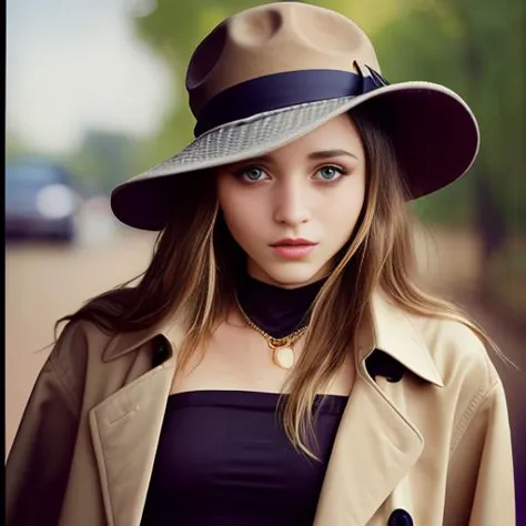 arafed woman in a hat and trench coat posing for a picture