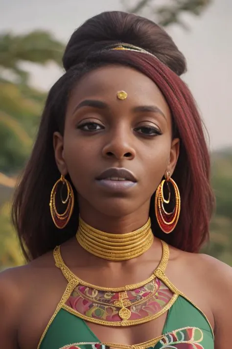 Arching the back, at Christmas BREAK mad 22yo <lora:urbosa:1.125> urbosa, dark skin, red hair, green eyes, matte dark blue lipstick, golden jewelry, earrings, choker, armlet, hair ornament, anklet, (wearing as Nigerian Textile Designer (Mid 20th Century): A (pretty young woman:1.1) with a beautifully tied headscarf, expressive dark eyes, ebony skin, wearing a brightly patterned (work dress:1.2), (printing blocks:1.1). She works in an open-air workshop, surrounded by yards of vibrant fabrics, wooden printing blocks with traditional motifs, and pots of natural dyes., dynamic posing) , ((photorealistic), realistic face, medium breasts), beautifully detailed woman, realistic face, detailed mouth, extremely detailed eyes_and_face, beautiful attractive face, beautiful detailed eyes, pronounced feminine feature, matte eyeshadow, eyelashes, eyeliner, perfect body, smooth skin BREAK   color HD photo, haze filter, (full body, high quality photo, masterpiece), HDR, 8K resolution, analogue RAW DSLR, best quality, absurdres, vivid vibrant colors, skin pores, intricate detail, (intricately detailed face_and_eyes), realistic human hands, sophisticated detail, (realistic lighting, sharp focus), centerfold, bokeh, official art, 8k wallpaper, ultra high res, professional photography kkw-ph1