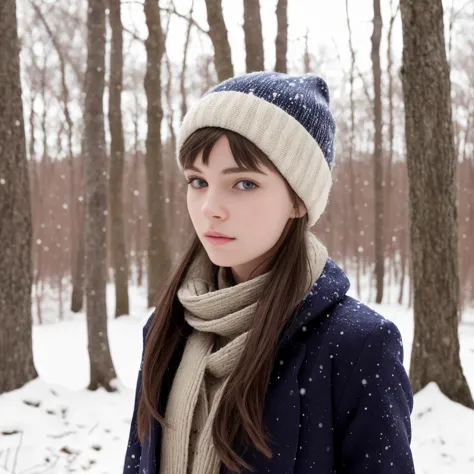 professional photography of a french girl with dark brown hair standing in the woods, pale,  ((16 years old)), skinny, slim, snow, winter,  photography, highly detailed, full body