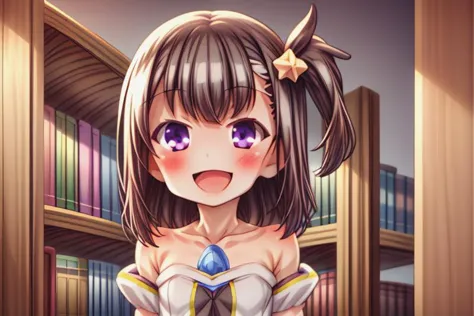 a close up of a girl with a dress on in front of a book shelf