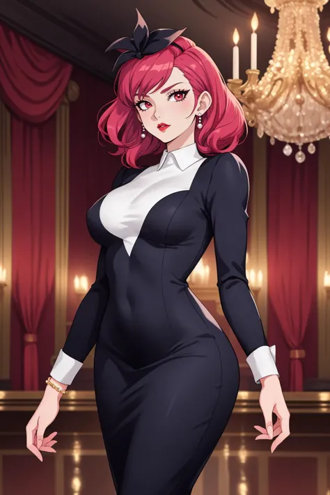 Neon noir anime artwork, adult beautiful woman high quality, best quality, highres, high detail , half-up half-down with curls, (pearl hair vine:1.2) (red hair) , eyeliner, eyeshadow, makeup, red lips ,  standing, Opulent Viennese Ballroom with soft chandeliers casting a warm glow over a room adorned with crystal and silk, evoking the grandeur of a bygone era., flirting with viewer <lora:Outfit_hud-MonoBlockPencilDress:0.7> hud_vintag, long sleeves, (black pencil dress), white blouse, cuffs, earrings, bracelet, fascinator, peplum . vibrant, studio anime, highly detailed,  ((art by Hyung Tae Kim)) (cel shading), line art . Cyberpunk, dark, rainy streets, neon signs, high contrast, low light, vibrant, highly detailed