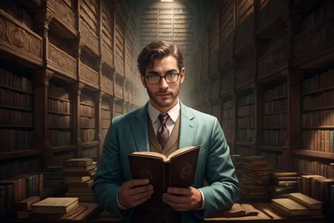 arafed man in a suit and tie reading a book in a library