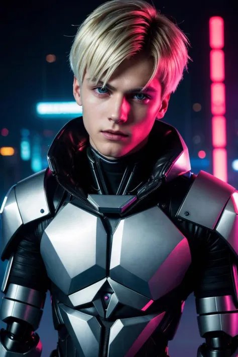 epic professional upper body headshot photo cyberpunk android young 19yo male model robot, detailed face, smooth features, blonde hair, silver PVC panels, neon-lit night city, (perfectly-lit, crisp focus, absurdres, 8k UHD, HDR, vivid color, depth of field, contrast, clarity, balance)