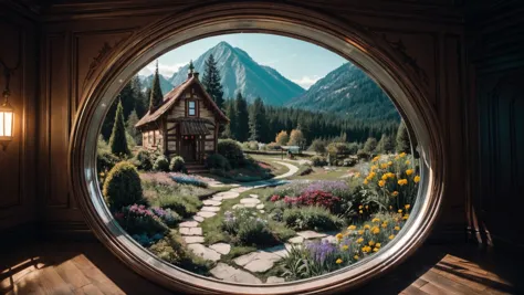 a close up of a round window with a house in the background