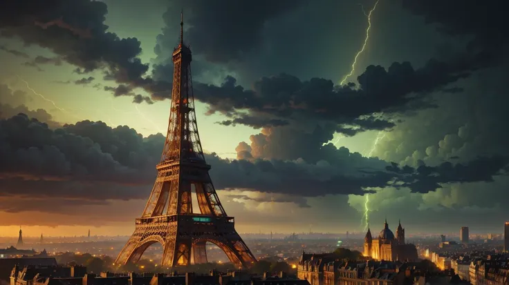 masterpiece , 8k perfect quality, awarded painting of eiffel tower hiting by thunder, night foto, thunder lights, ultradetailed, realistic city landscape , magic vibe  <lora:halloweenTech-20:0.7> halloweentech , scifi, supernatural green, thunder hit eiffel tower