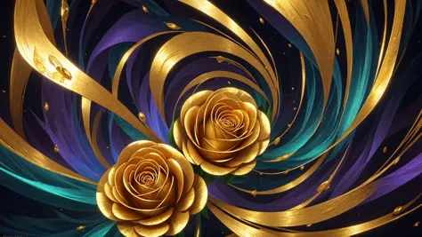 there are two gold roses that are on a purple and green background