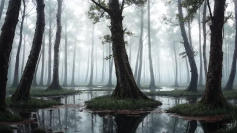 trees in a forest with a stream of water in the middle