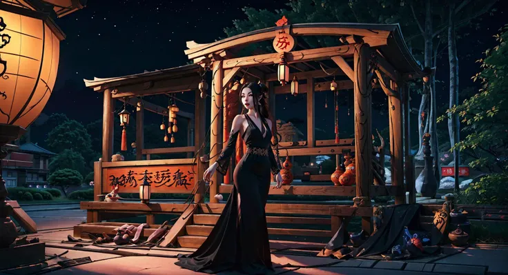 anime scene of a woman in a long dress standing in front of a gazebo