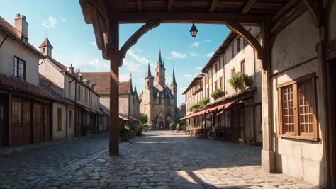 there is a cobblestone street with a church in the background