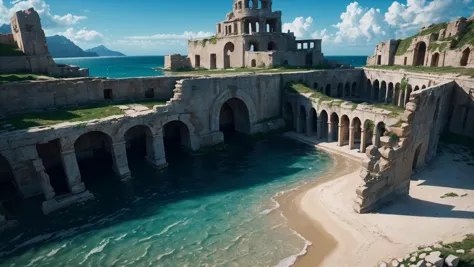 there is a large castle on the beach with a blue ocean