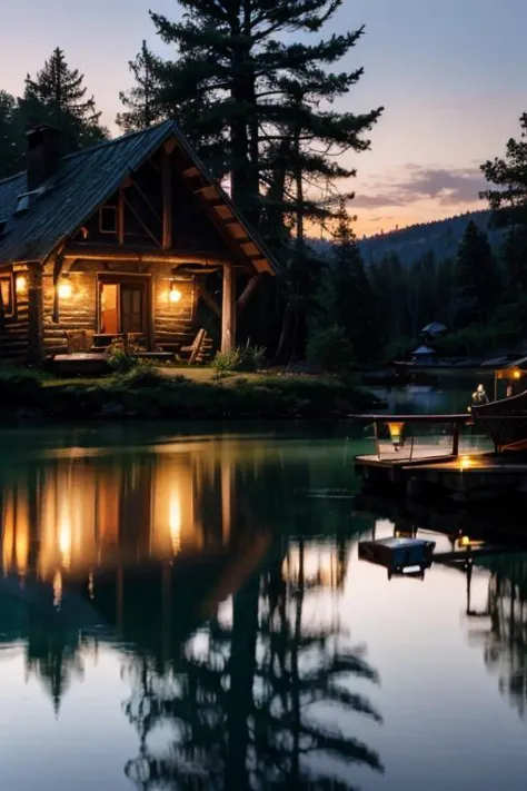 arafed cabin with a boat in the water at dusk