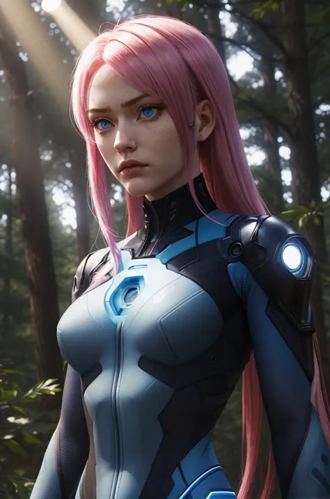 a close up of a woman with pink hair and a blue suit