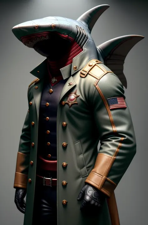 a close up of a person in a coat and a shark mask