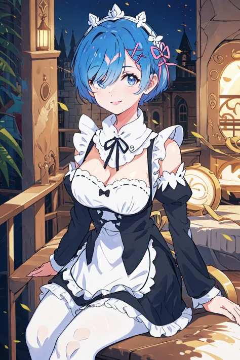 a close up of a woman in a maid outfit sitting on a bench