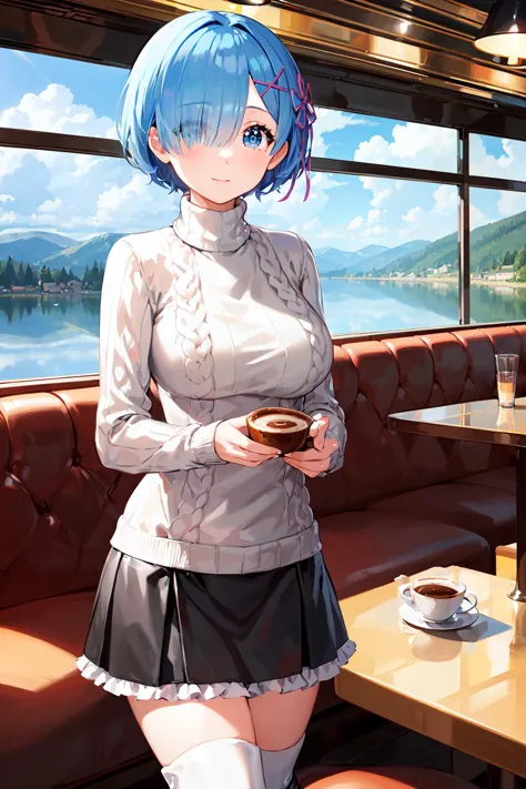 anime girl in a restaurant with a cup of coffee and a plate of food