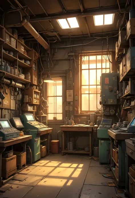 anime digital painting, warmly lit interior, in a Lo-Fi machine shop<lora:EnvyStarlightAnime04:1>