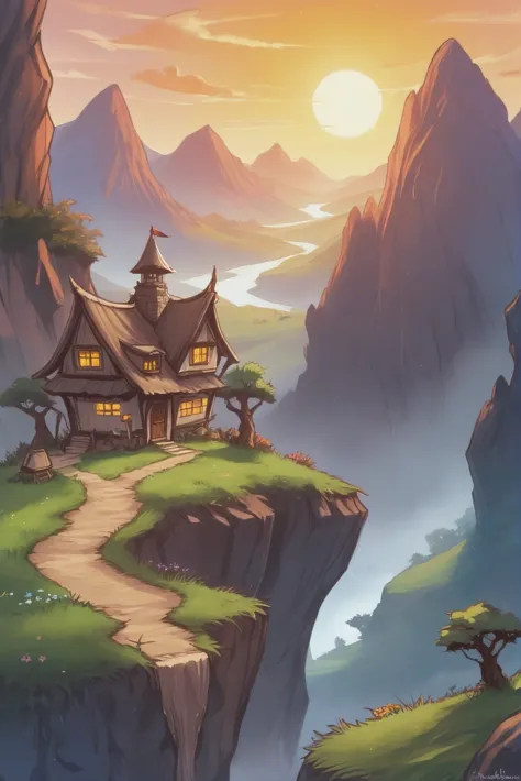 a cartoon house on a cliff with a path going up to it