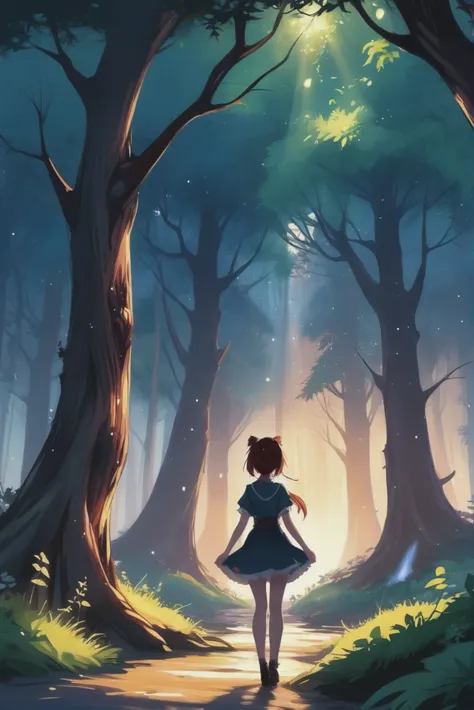 a girl walking through a forest with a light shining through the trees