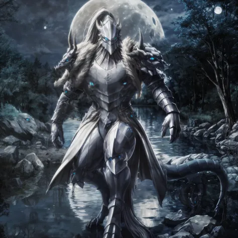 a close up of a person in armor walking near a body of water