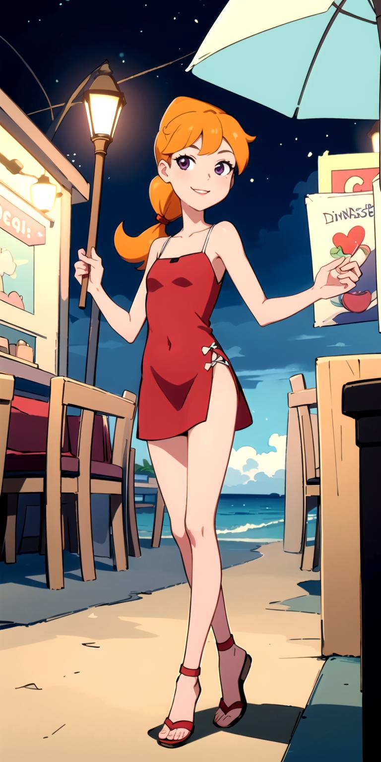 Anime girl in red dress holding a sign on the beach - SeaArt AI