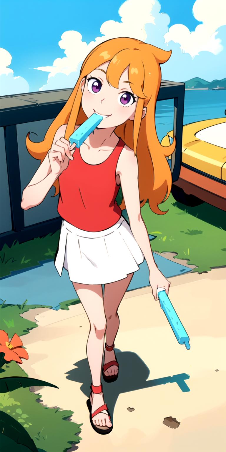 Anime girl with a toothbrush in her mouth walking down a path - SeaArt AI