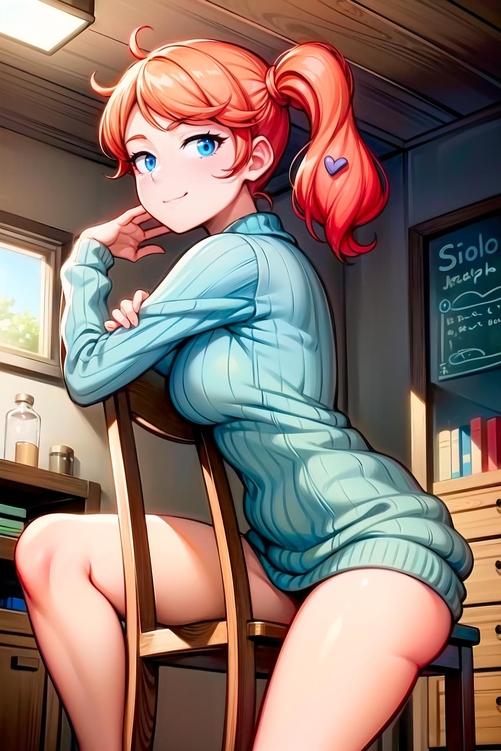 A cartoon girl sitting on a chair in a room - SeaArt AI