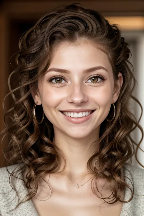 photo of <lora:sd15_KaterinaSoria_locon_24_v1:.9> KaterinaSoria, focus on eyes, close up on face, huge smile, dark khaki hair styled as Curly French Twist,