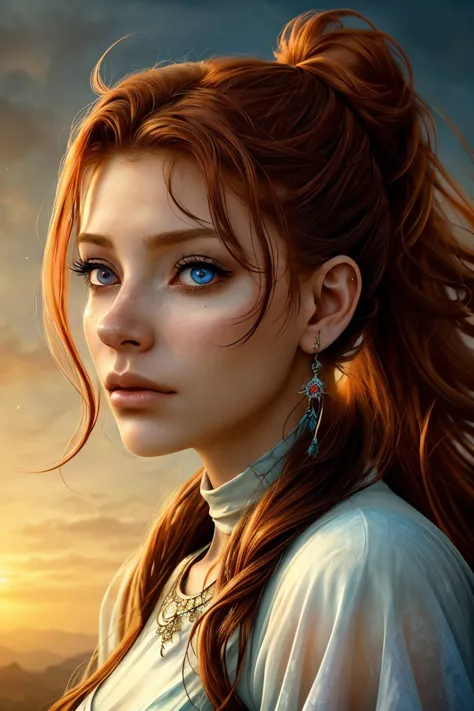 a woman with red hair and blue eyes looks into the distance