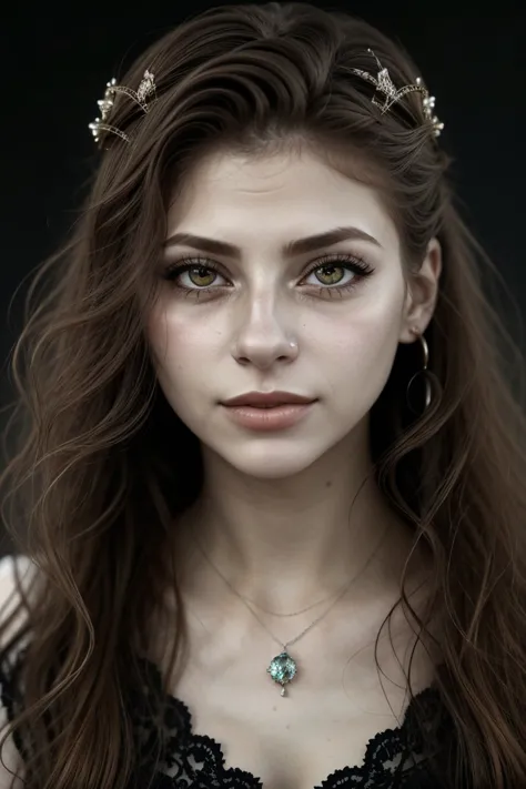 a woman with long hair wearing a tia and a necklace